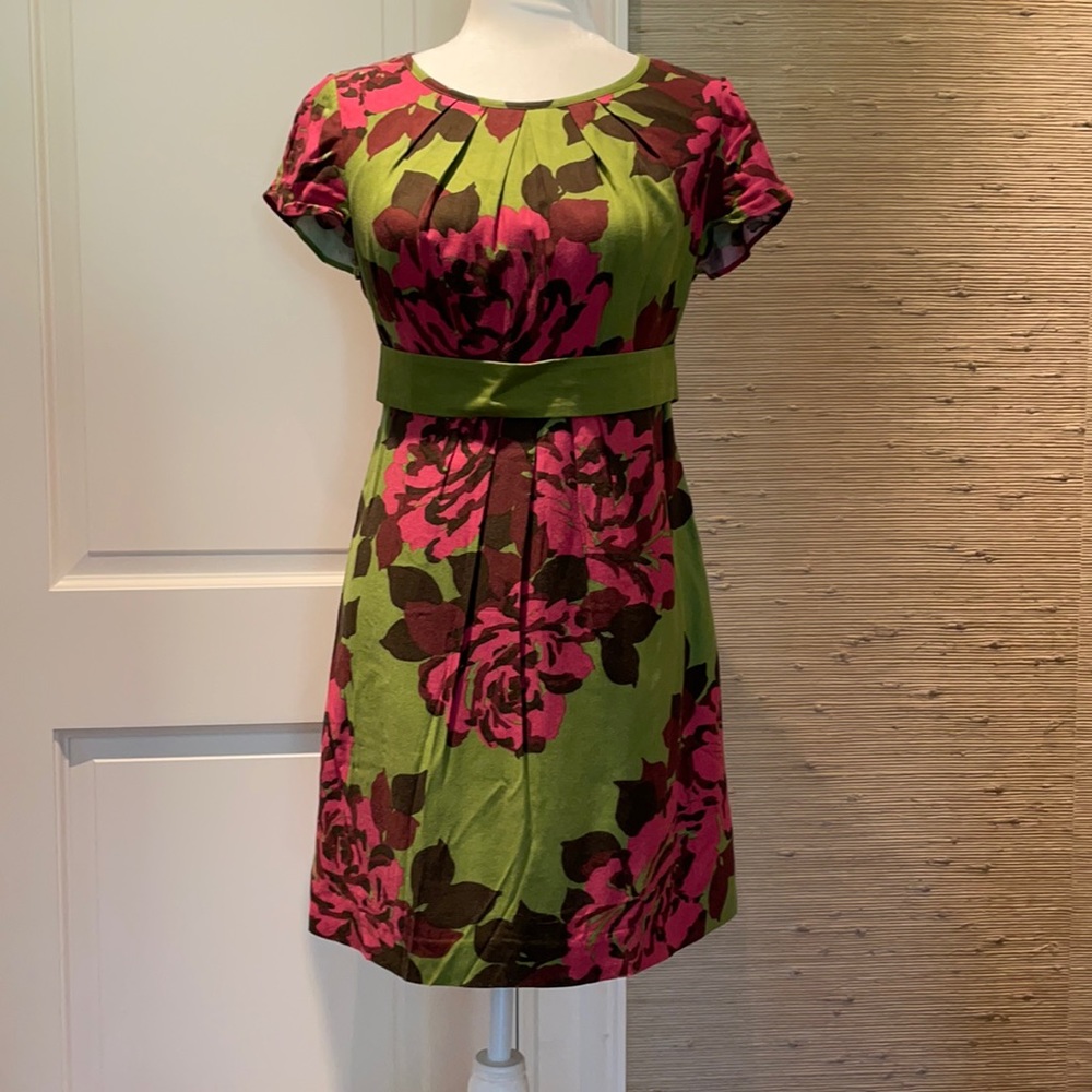 Boden Green, Magenta & Brown Floral Empire-Waist Dress